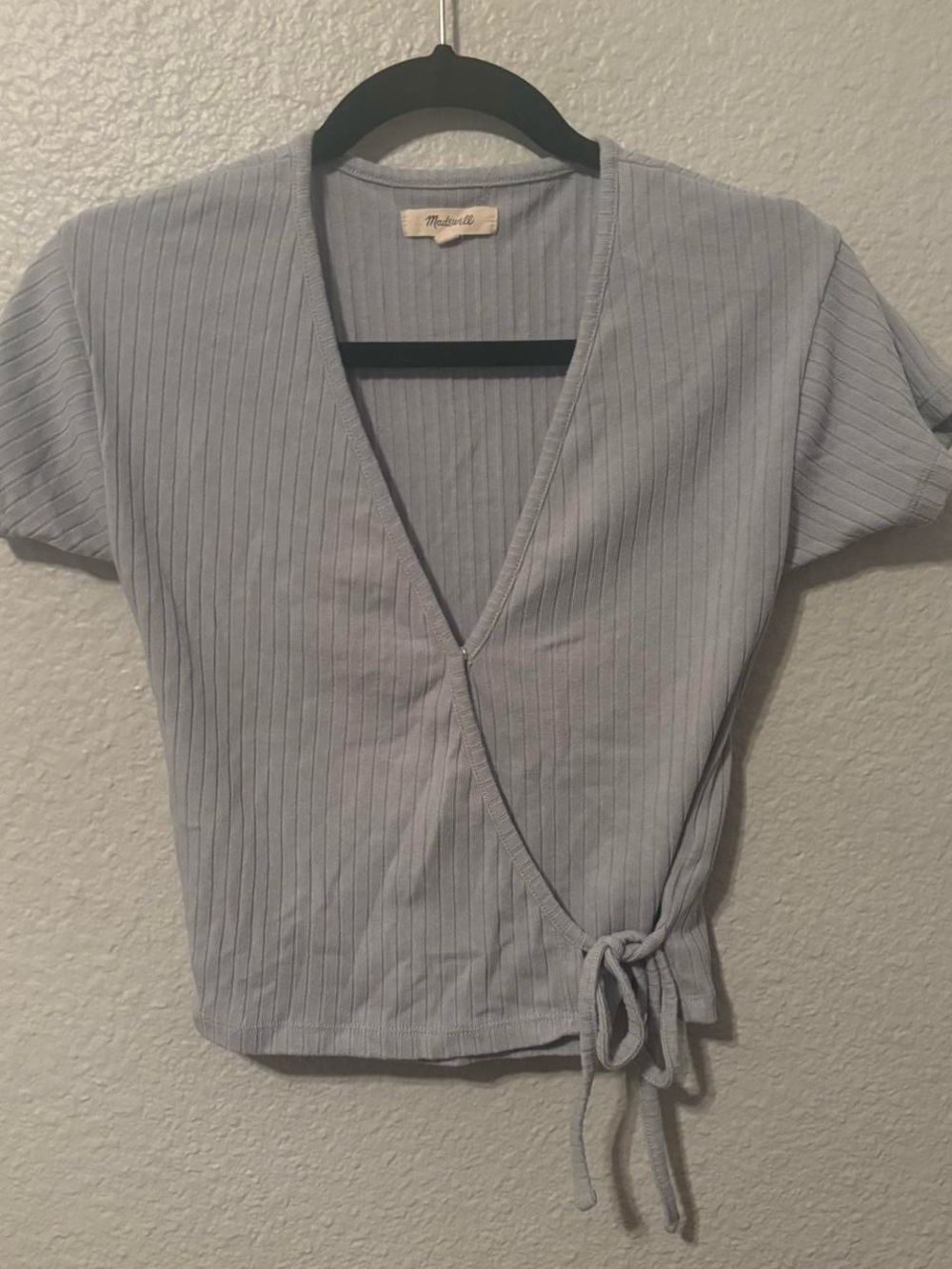 Madewell Pale Blue Ribbed Wrap Tie-Front Top